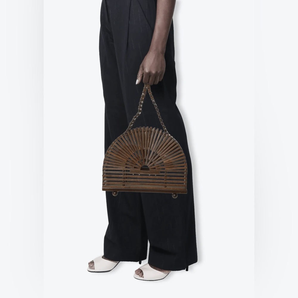 Cult Gaia Dome Teak Bamboo Dark Brown Bag Cutout Open Top Handle Carry Purse 💼